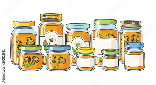 Dandelion flower jelly in glass jars illustration. Homemade organic jam or honey preserve in various containers with labels on black background