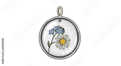 Vector illustration of daisy and forget-me-not flowers inside clear resin pendant