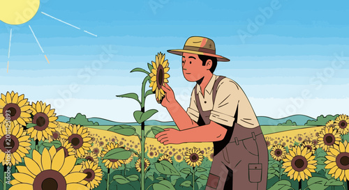 Young farmer inspecting sunflower crop in sunny agricultural field vector illustration