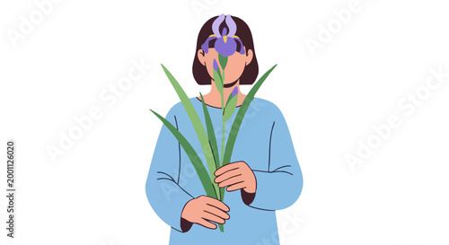 Woman holding purple iris flower covering her face on white background