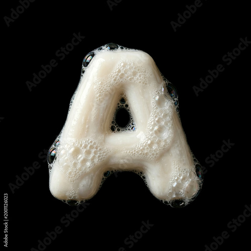 Solid soap with bubbles and foam letter A - Capital creative font isolated on black background. Perfect alphabet for creative illustrations related to beauty, hygiene, purity...