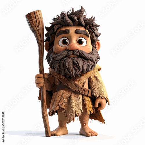 Charming prehistoric man with a wooden club, a playful animated character in a rustic costume, representing early humanity and primitive life in a charming artistic rendition