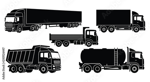 Truck silhouette collection a variety of commercial vehicles in black and white