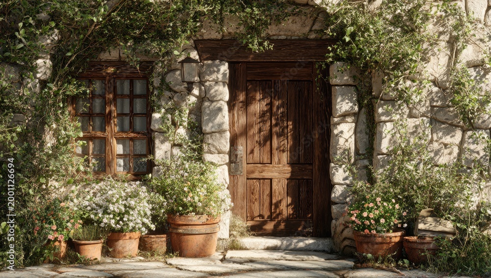Obraz premium Rustic stone cottage entrance with weathered wooden door and lush floral greenery