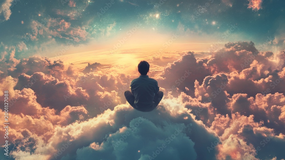 Obraz premium Person meditating on a cloud in a surreal sky filled with stars