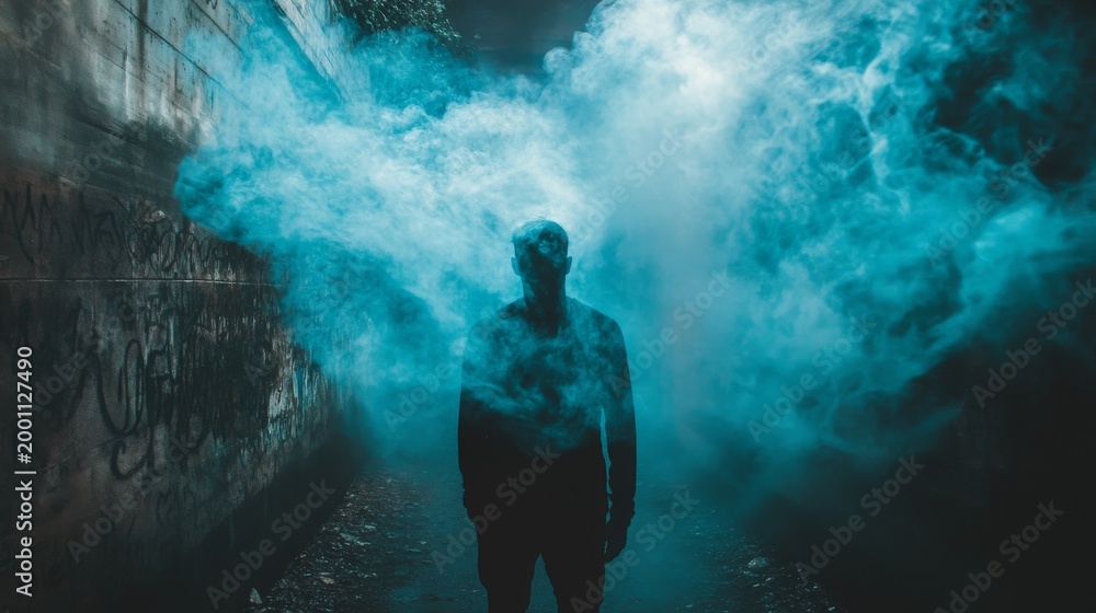 Fototapeta premium Silhouette figure in a smoky alleyway