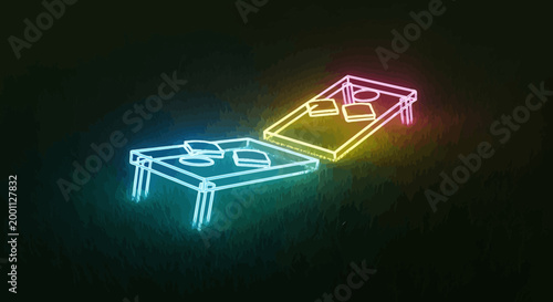 Neon outline of two cornhole boards with bags on a dark background.