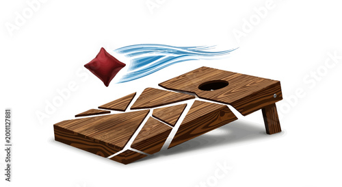 Rustic Cornhole Board with Flying Bean Bag and Swirling Motion.