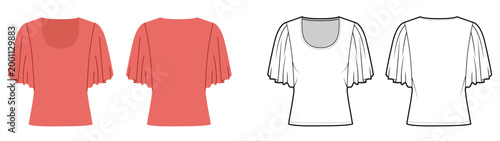 Flutter sleeve scoop neck top short flowing sleeves soft feminine silhouette, clean construction lines smooth shaping. Technical fashion illustration in black white color, front back views, CAD