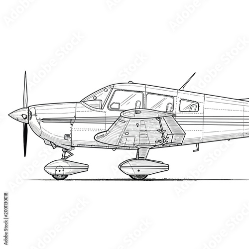 Detailed line art drawing of a small single engine propeller airplane.