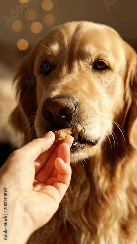 Golden Retriever Dog and Hand Holding Treat in Soft Natural Light