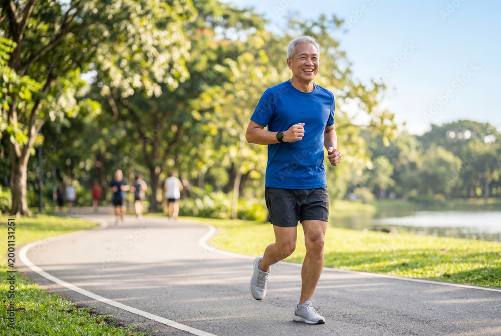 Obraz premium Active senior asian man jogging in a lush green park outdoors