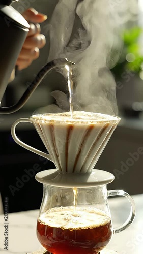 Hot Water Pouring Over Coffee Grounds in a Modern Coffee Maker Setup