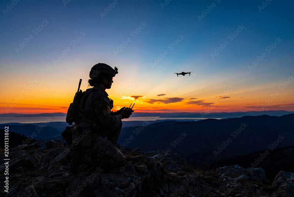 Fototapeta premium Silhouette of female soldier operating drone on mountain peak at sunset