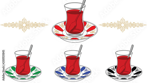 Turkish Tea Glass Set Vector Illustration with Decorative Saucers and Ornamental Designs in Multiple Color Variations for Culture and Hospitality