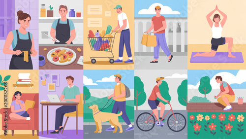 Illustrated daily home activities collage