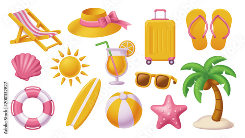 Bright summer beach and sun icons