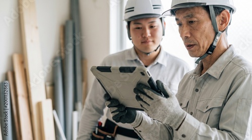 Tapety artystyczne 日本人の建設業に従事するシニア男性と若手男性が、現場作業でDX化されたタブレットを手に取り育成・相談をする様子。資材が置かれた屋内の建築現場、作業服とヘルメットを着用した人物。