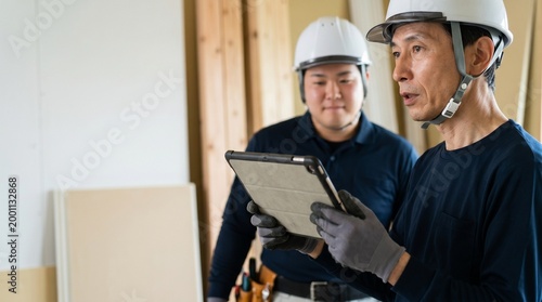 日本人の建設業シニア男性が、現場作業でDX化されたタブレット端末を使い若手男性に育成指導を行う様子。屋内の建築現場で打ち合わせをするネイビーの作業服を着た二人、ヘルメット着用の人物。