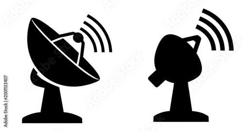 satellite, dish, icon, antenna, signal, communication, technology, wireless, telecom, network, broadcast, black, white, symbol, vector, graphic, simple