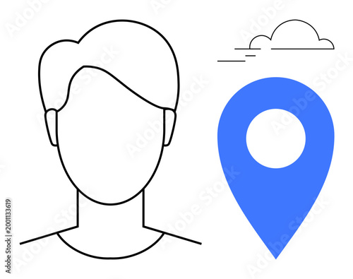 Online identity, geolocation, navigation, user profile, mapping, technology concept. Minimalist profile outline, blue location pin and cloud icon. Online identity and geolocation theme