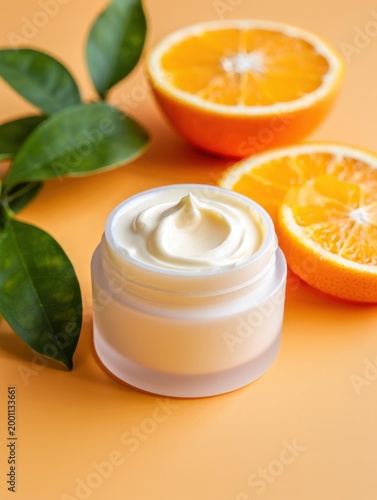Moisturizing cream jar with orange slices and green leaves on orange background