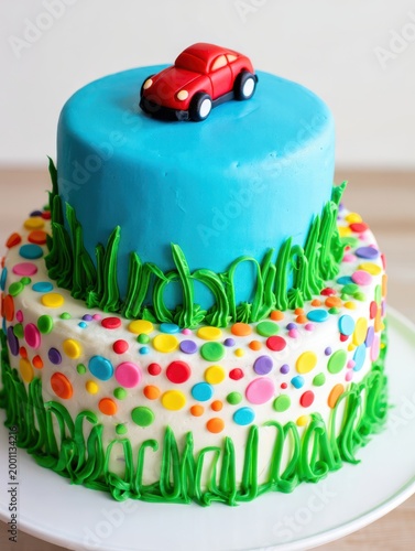 Colorful two-tier birthday cake with toy car and decorative icing