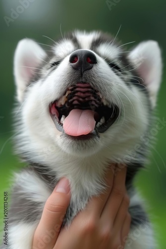 Happy Siberian Husky puppy with tongue out, being petted outdoors