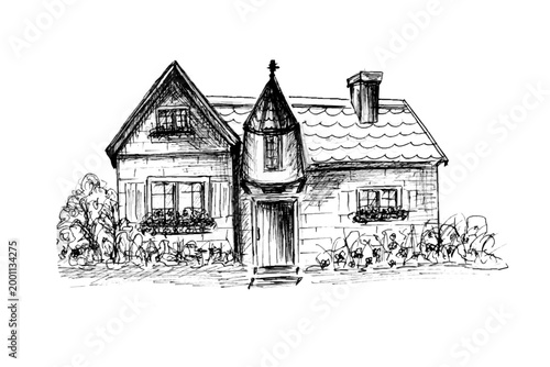 Stone Cottage. A detailed black and white sketch of a two-story stone cottage with a central conical turret, flower boxes, and a tiled roof, isolated on white