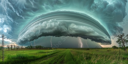 Dramatic storm clouds with lightning over green field landscape