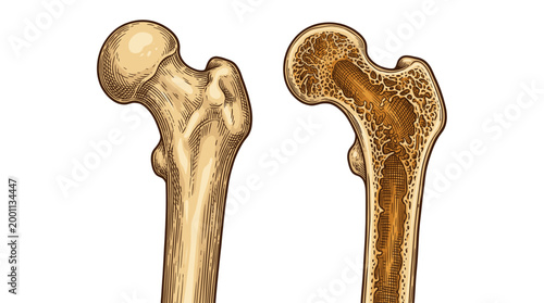 Comparison of a healthy femur bone with a femur bone affected by osteoporosis, illustrating bone density loss.
