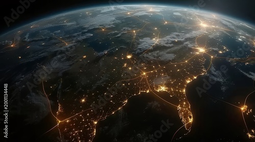 Satellite view of Earth at night highlighting city lights and geography