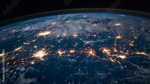 Earth from space at night showing illuminated cities and clouds