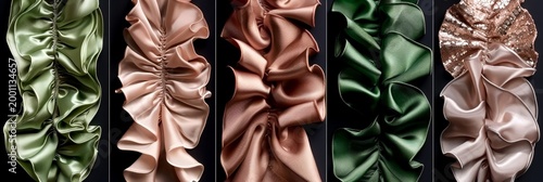 Collection of luxurious satin fabric samples in various colors and textures