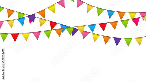 Vibrant triangular flags hang in a festive party decoration scene indoors