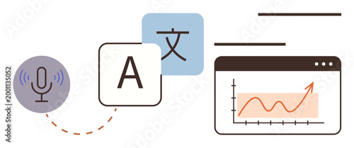 Language learning, voice processing, translation services, multilingual communication, data visualization, linguistics technology. Includes icons for microphone, letters graph. Language learning