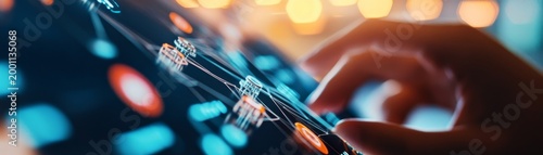 Hand interacting with a glowing digital network interface, visualizing interconnected data for smart analytics and future tech. Bokeh lights blur background., AI, Connectivity