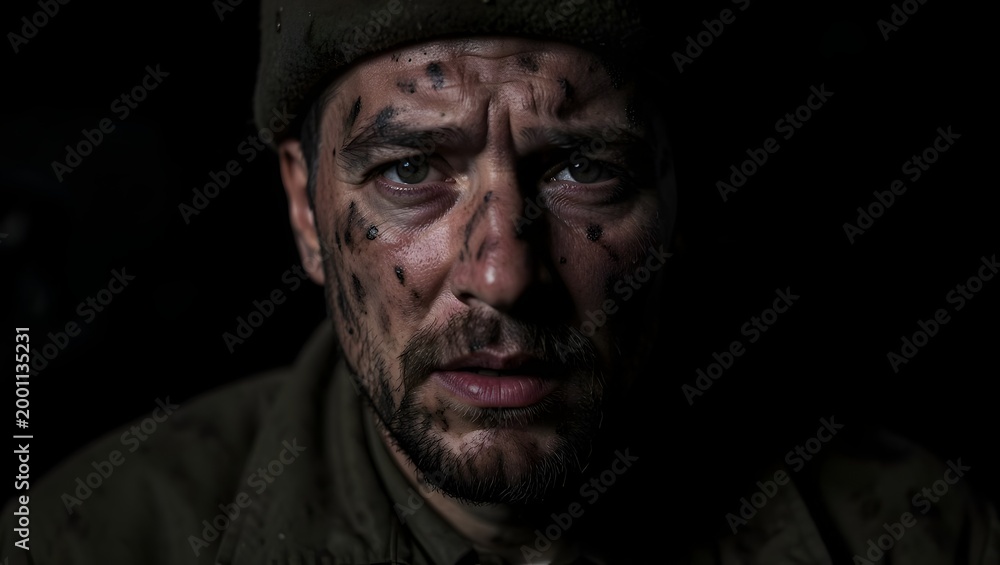 Naklejka premium Dirty face of soldier