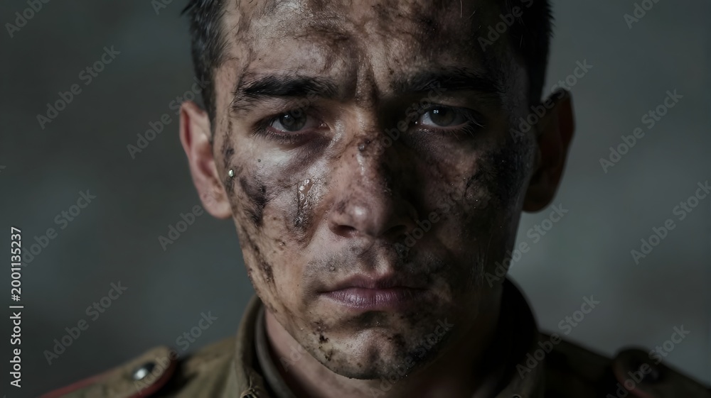 Naklejka premium Dirty face of soldier