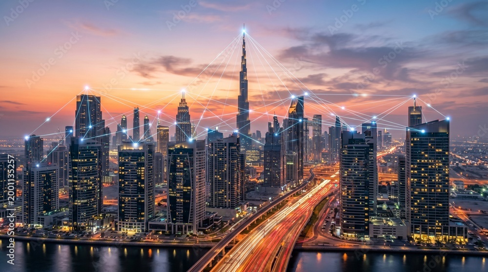 Obraz premium Smart City Skyline with Digital Network Connections at Sunset, Futuristic Urban Technology and Global Connectivity Concept