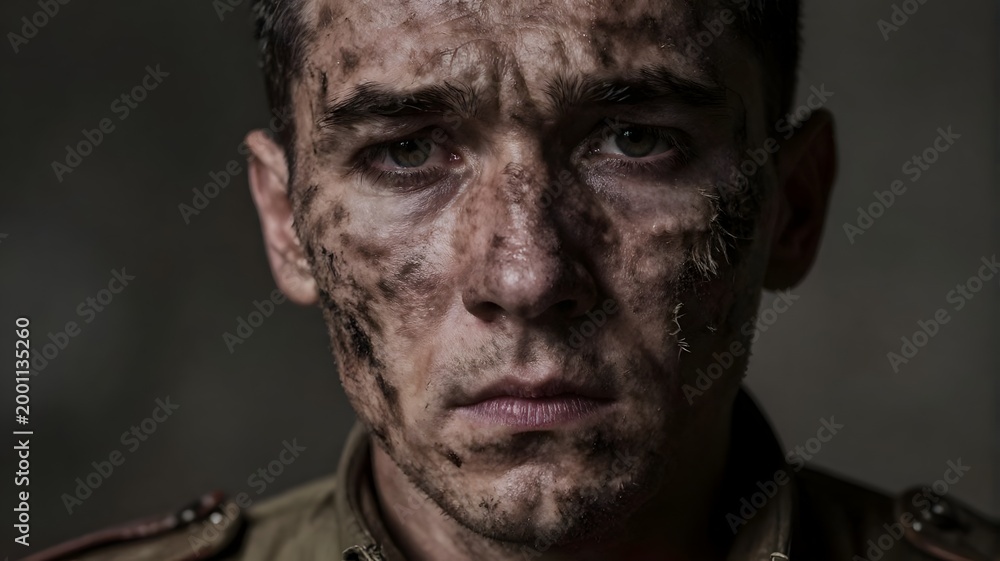 Naklejka premium Dirty face of soldier
