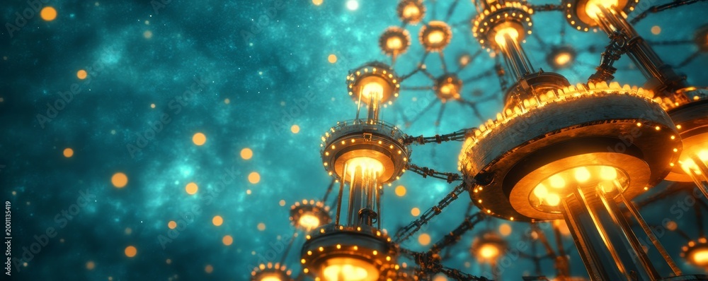 Fototapeta premium Low-angle, dynamic shot of a glowing futuristic energy network interconnected metallic towers against a deep teal cosmic sky with bokeh. Abstract sci-fi power grid concept. Technology,
