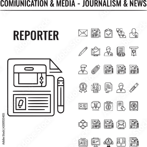 Flat design reporter icon set with journalism tools and communication symbols for media news