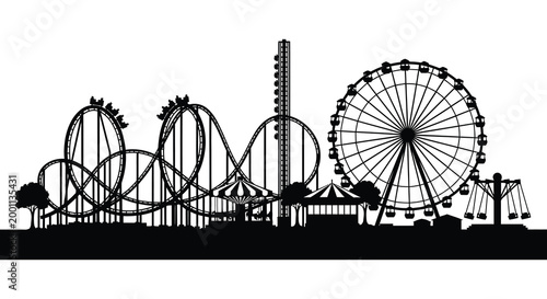 Amusement park silhouette a black and white illustration of thrilling rides and attractions