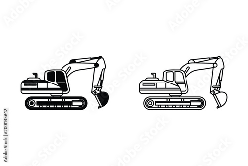 Excavator silhouettes set, construction machinery vector, digging equipment illustration, hydraulic arm and bucket, earthmoving tools, black industrial icons, heavy-duty site operation
