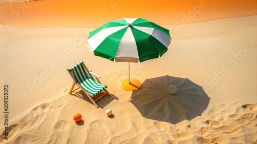 Beach scene with a green and white umbrella, chair, and balls on sand