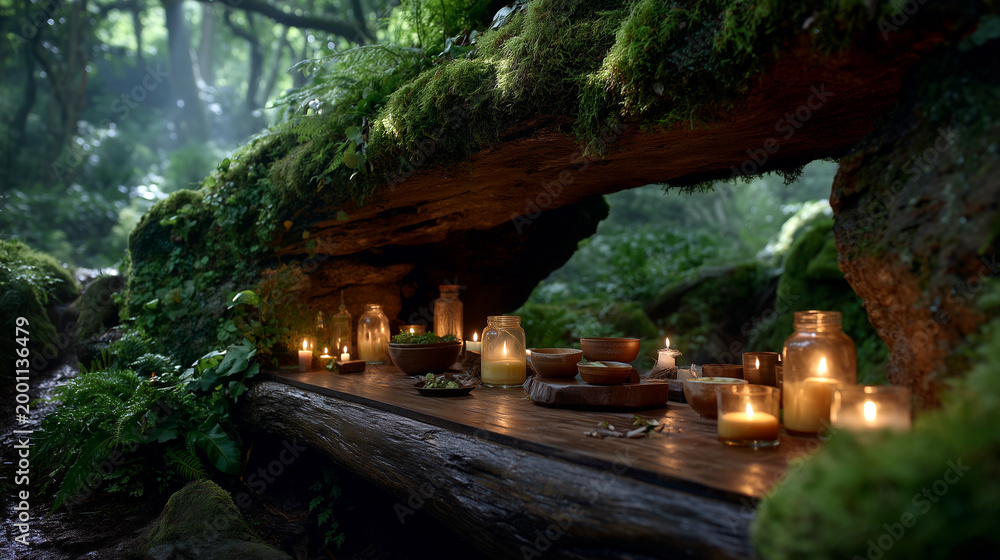 Fototapeta premium Enchanting Forest Altar: Lumina Grove Ceremony by Ethereal Light