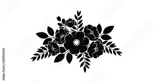 Elegant floral silhouette a black and white botanical illustration of delicate blooms and leaves