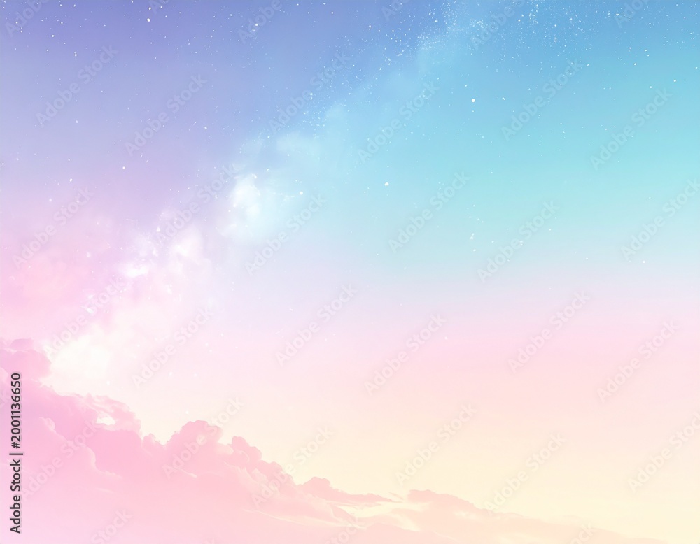 Fototapeta premium Dreamy pastel sunset sky with soft clouds and sparkling galaxy stars