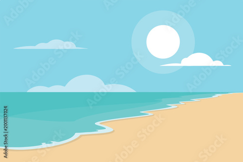 Minimalist beach landscape vector featuring calm turquoise ocean water under clear blue sky with white sun and floating clouds.